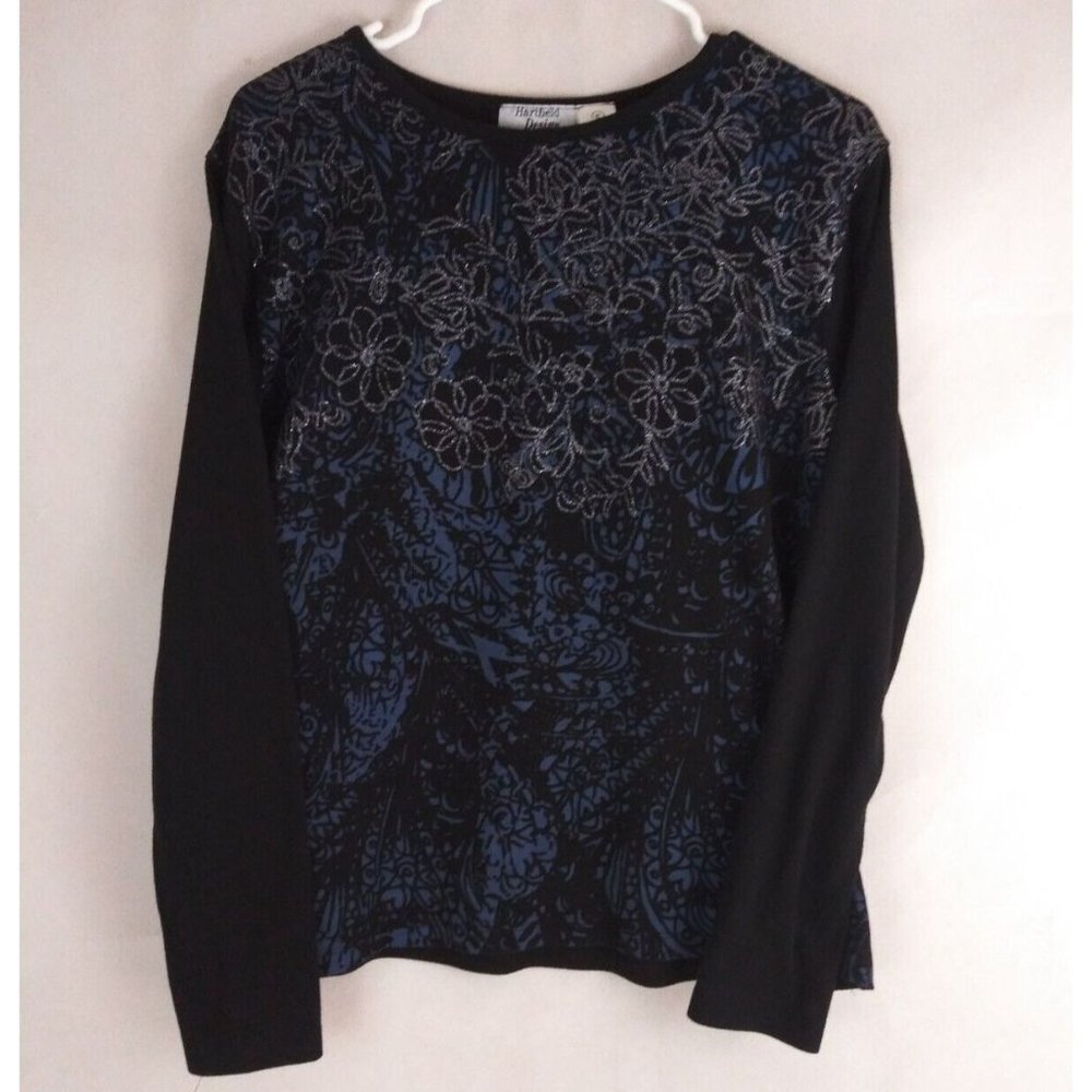 Hartfield Design Women's Black & Blue Floral Metallic Shirt Size XL